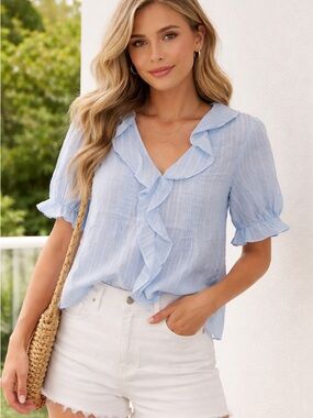 Light Blue Ruffle V-Neck Women's Top